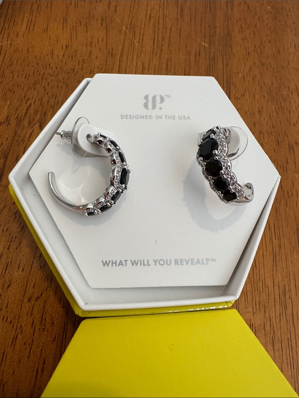 Silver Hoop Earrings with Black Gemstones